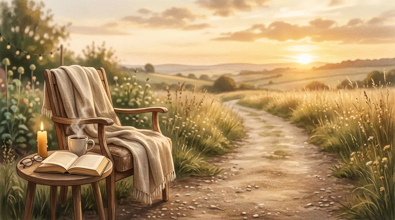 A sunrise over a peaceful landscape with an open path