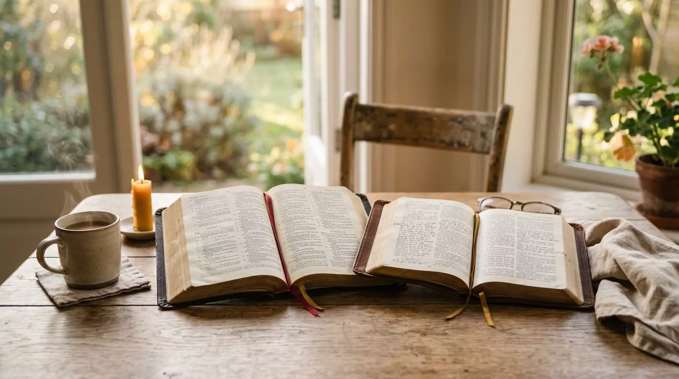 Two Bibles side by side on a wooden table in warm morning light