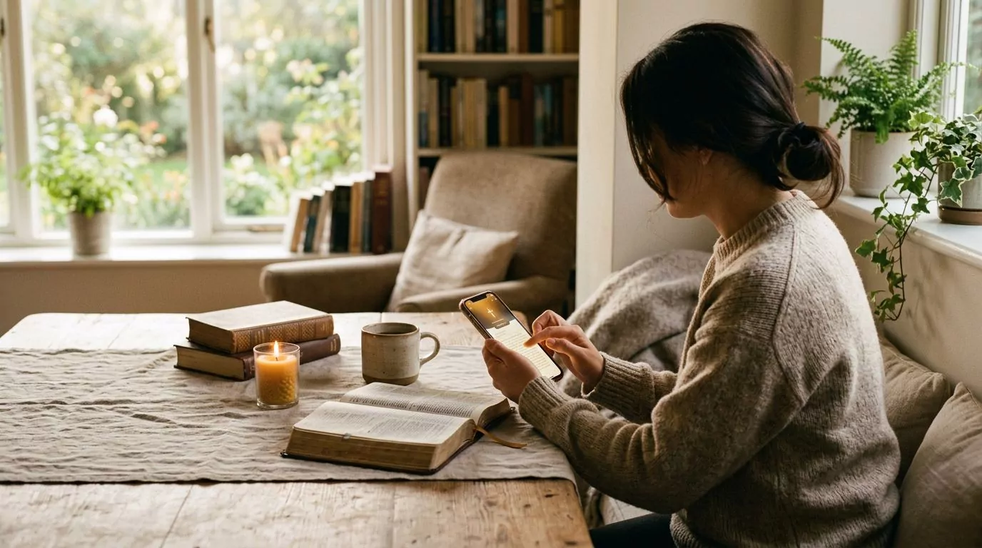 Person using Bible app on smartphone