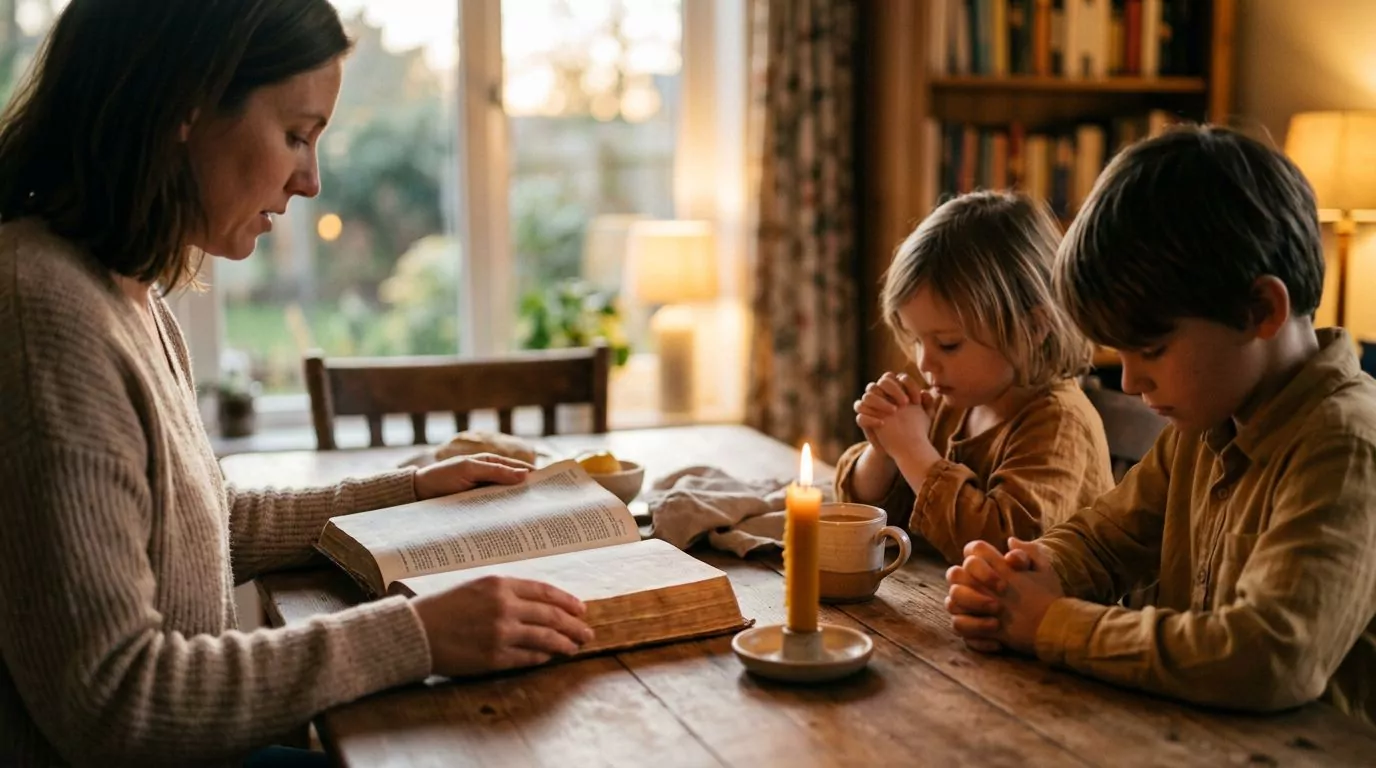 Parent reading Bible to children at dinner table during family prayer time with warm lighting