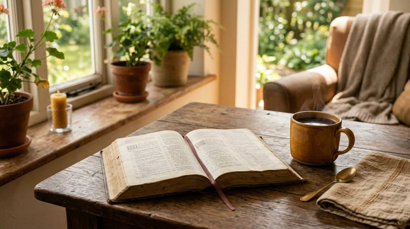 An open Bible on a sunlit table with coffee, warm and inviting