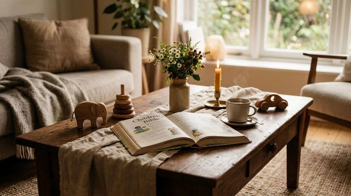 Children's Bible and toys on coffee table showing simple and welcoming family devotional setup