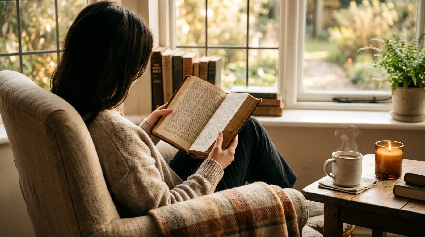 A person reading a Bible in a cozy chair with warm golden light