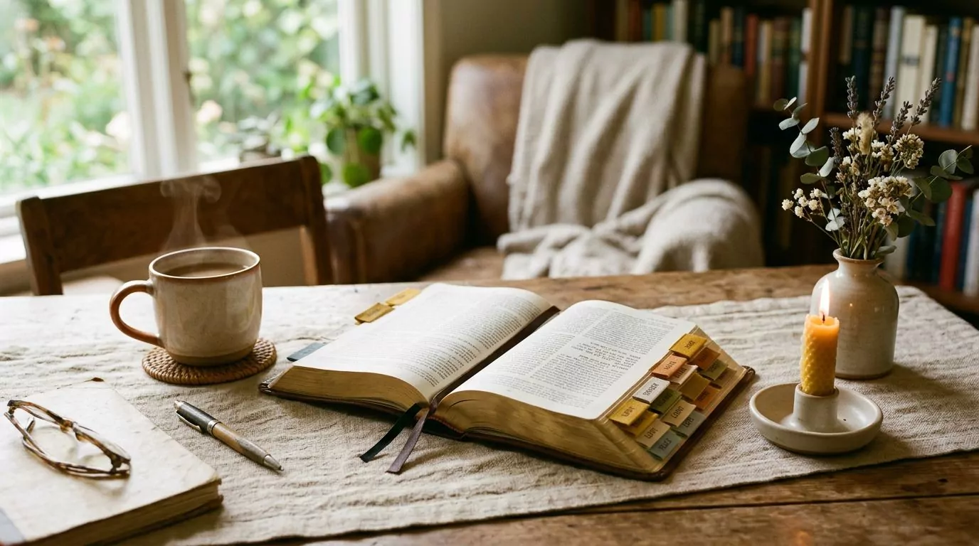 An open Bible with colorful tabs marking different themes on a cozy desk