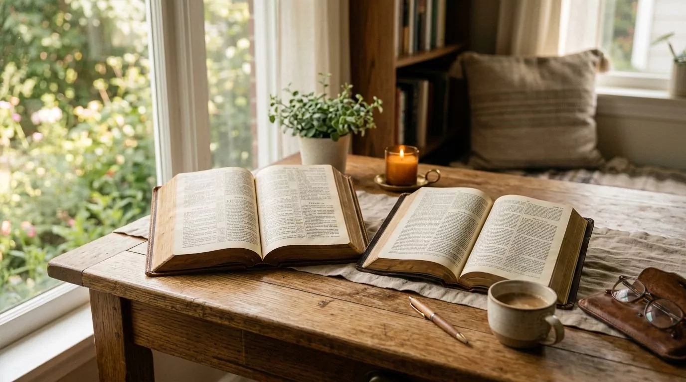 Two Bibles open side by side on a study desk