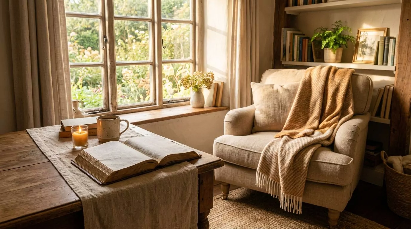 A cozy reading nook with morning light and an open Bible