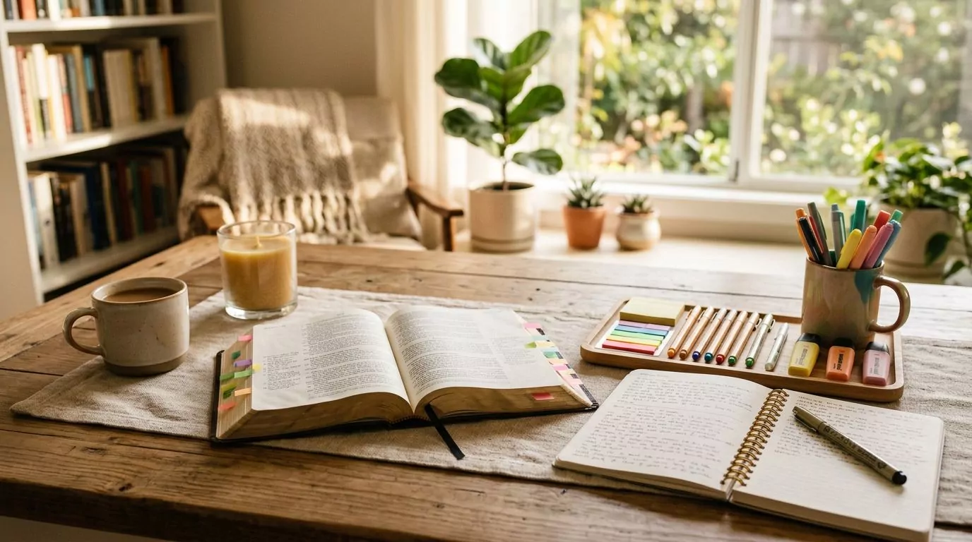 Organized Bible study supplies on a table with colorful pens, highlighters, sticky notes, and open notebook