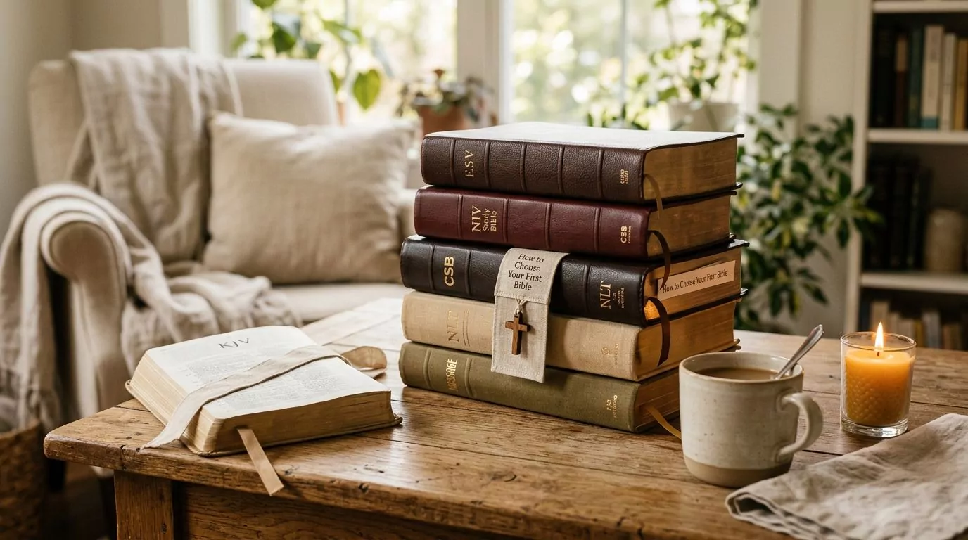 Stack of different Bible translations with bookmark showing how to choose right Bible version for beginners