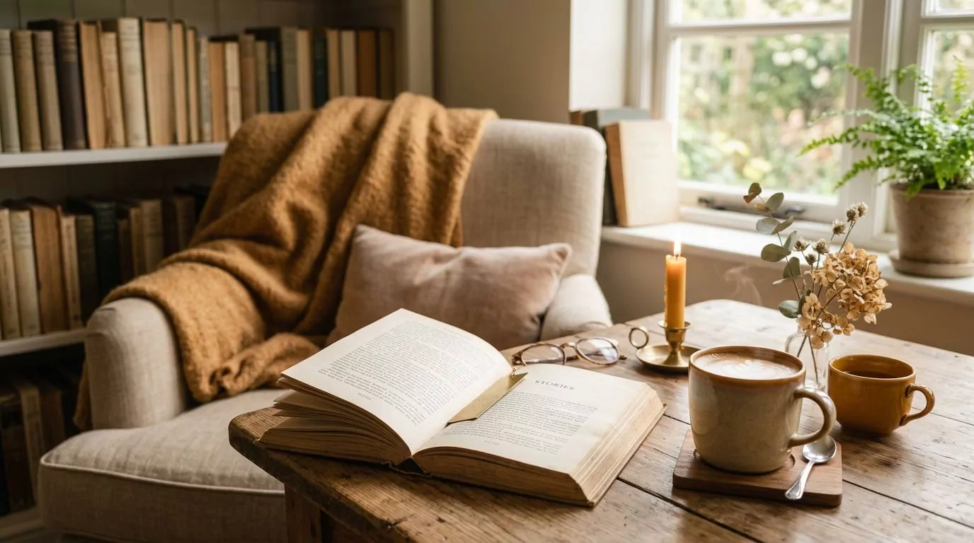 Open book with coffee cups in cozy reading corner
