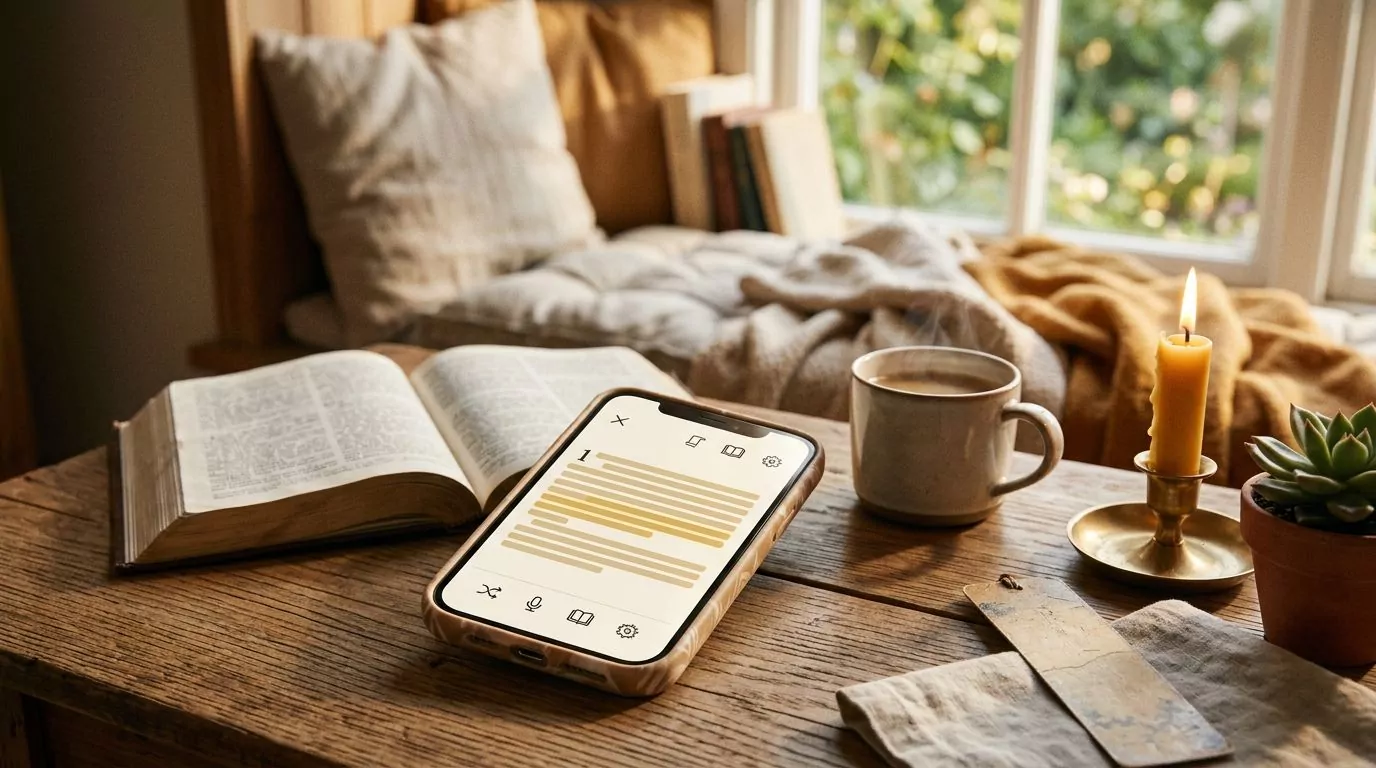 Smartphone displaying Bible app features