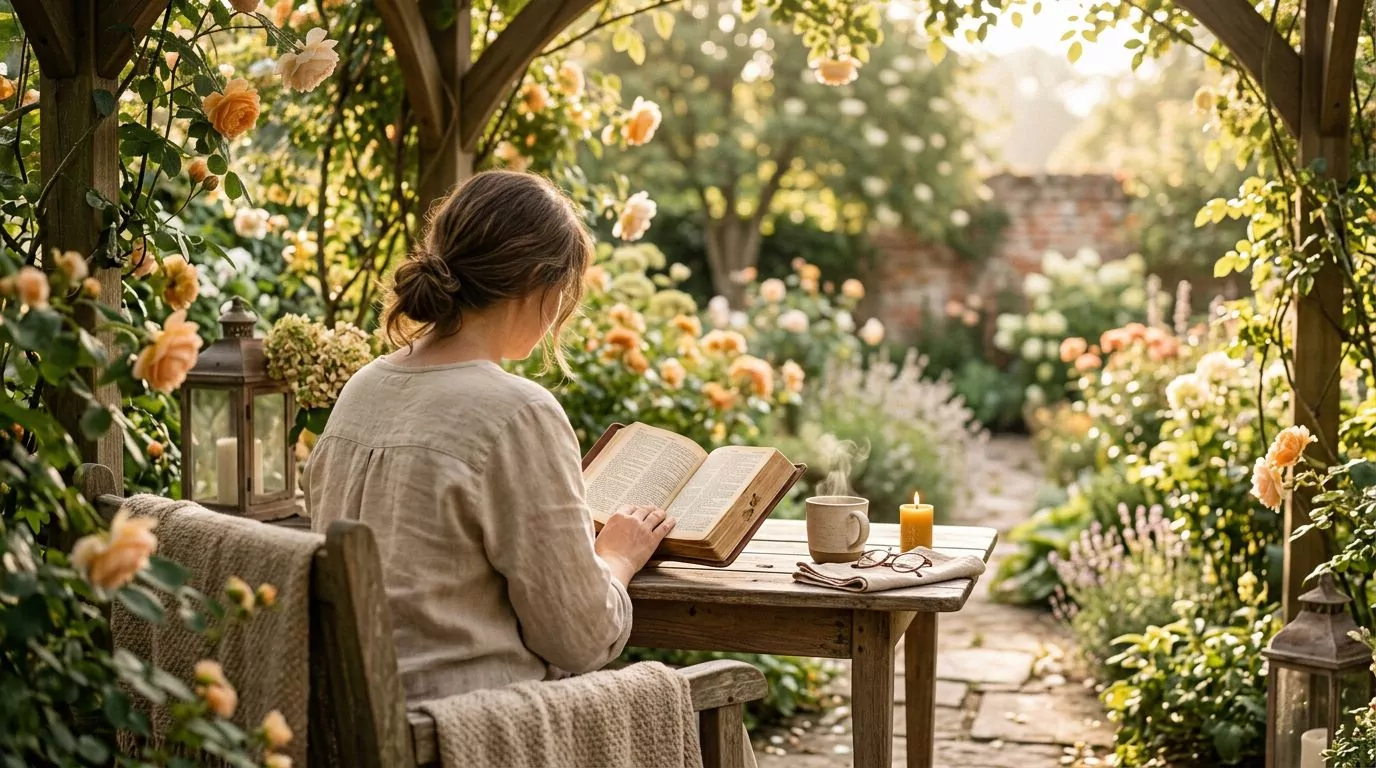 Person reading a Bible peacefully in a garden
