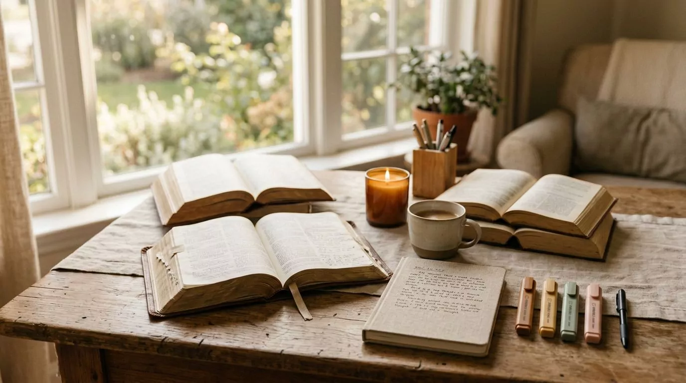 Bible study tools arranged on a desk with notebook and highlighters