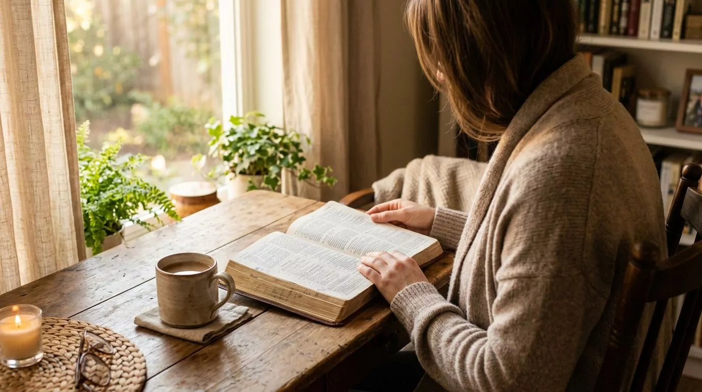 Person reading Bible with morning coffee in warm sunlight