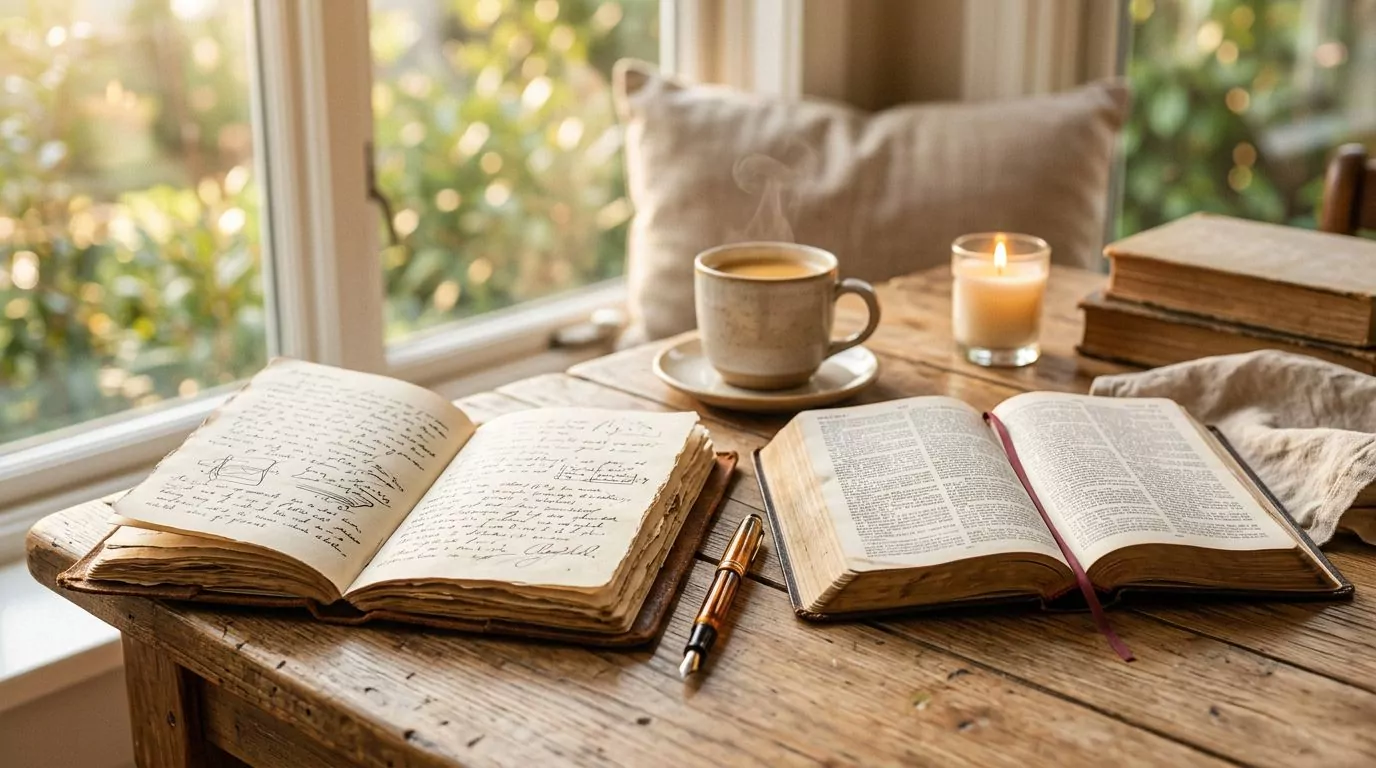 Journal with handwritten notes beside an open Bible