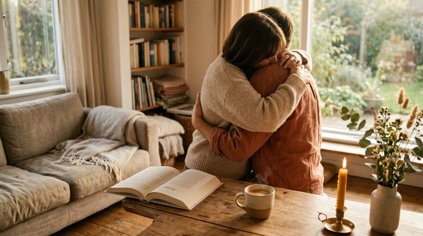 Two people embracing in reconciliation, representing forgiveness and healing with warm golden light