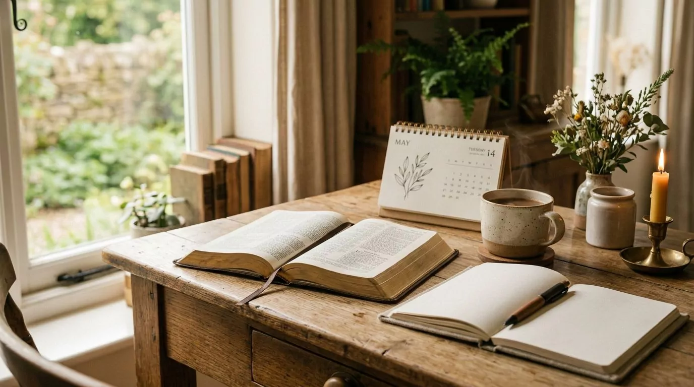 A desk with an open Bible, calendar, and notebook