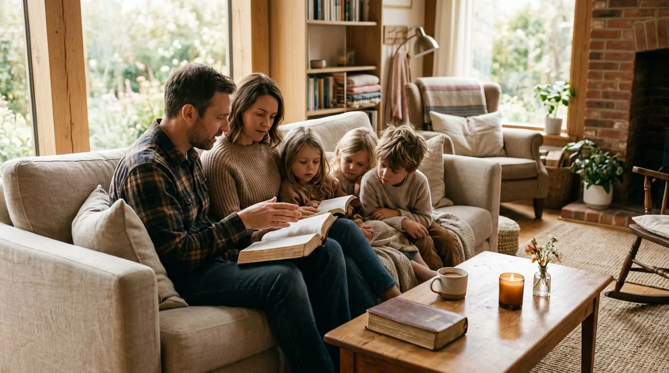 Family sitting together reading Bible in warm living room, children listening attentively during peaceful devotion time