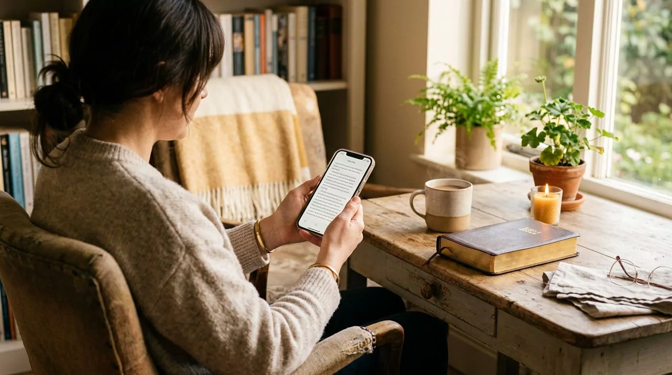 Person peacefully reading Bible on smartphone with simple interface