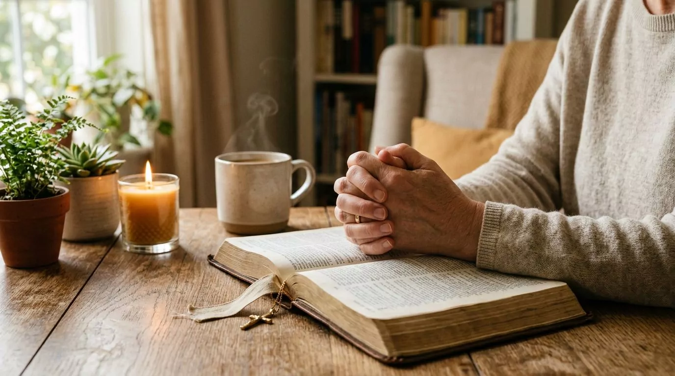 Hands folded in prayer over open Bible, representing patient waiting on God's timing