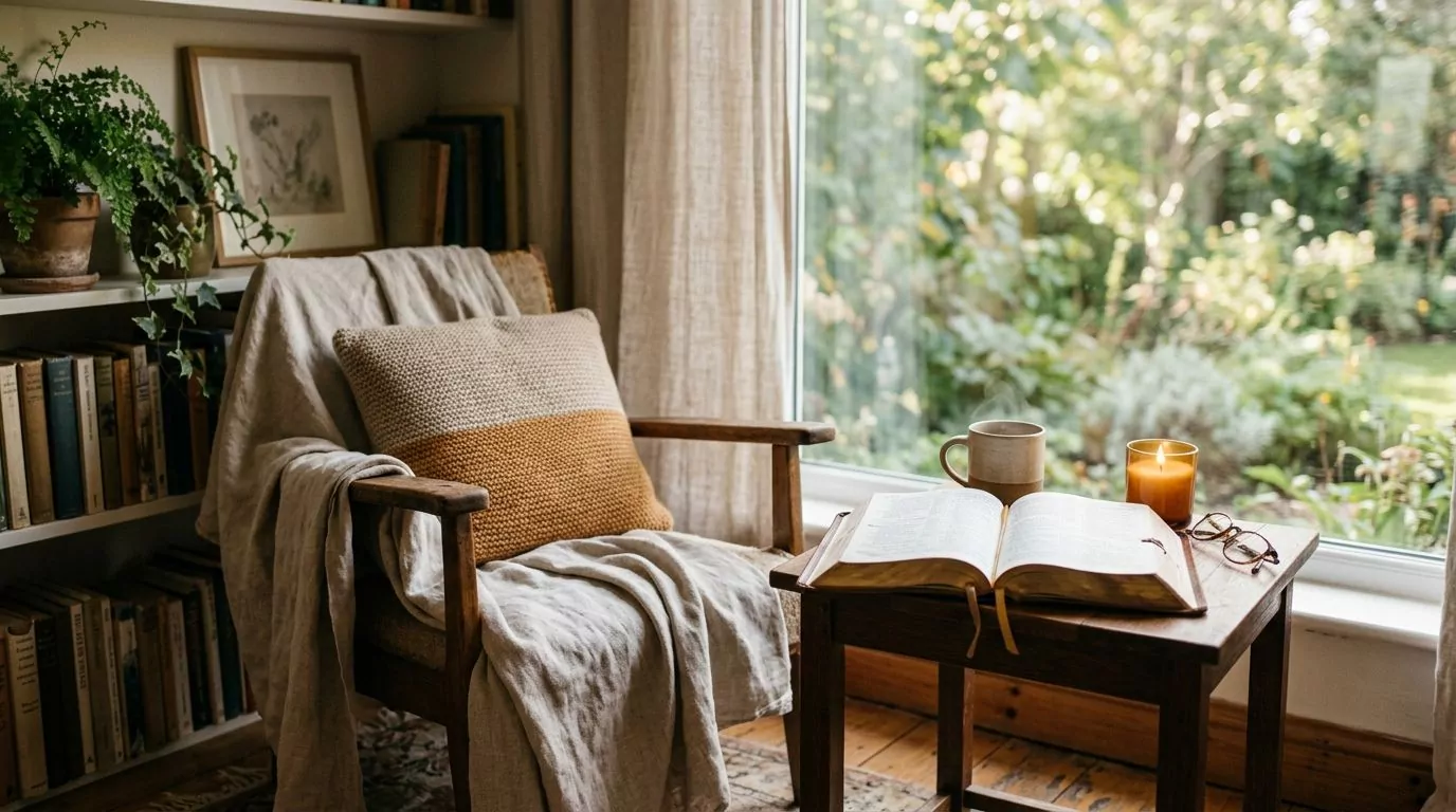 A cozy reading nook with an open Bible