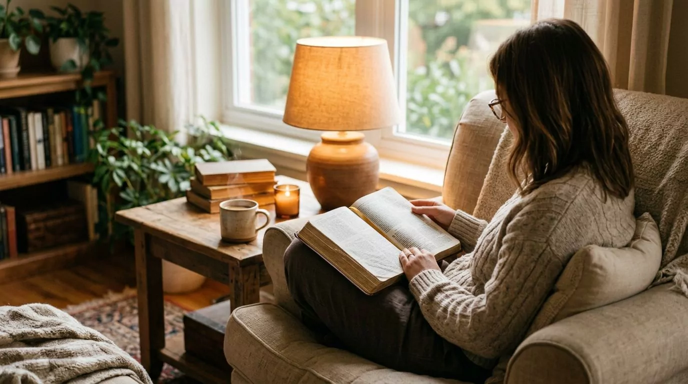 A person reading a Bible in a comfortable armchair with warm lamp light