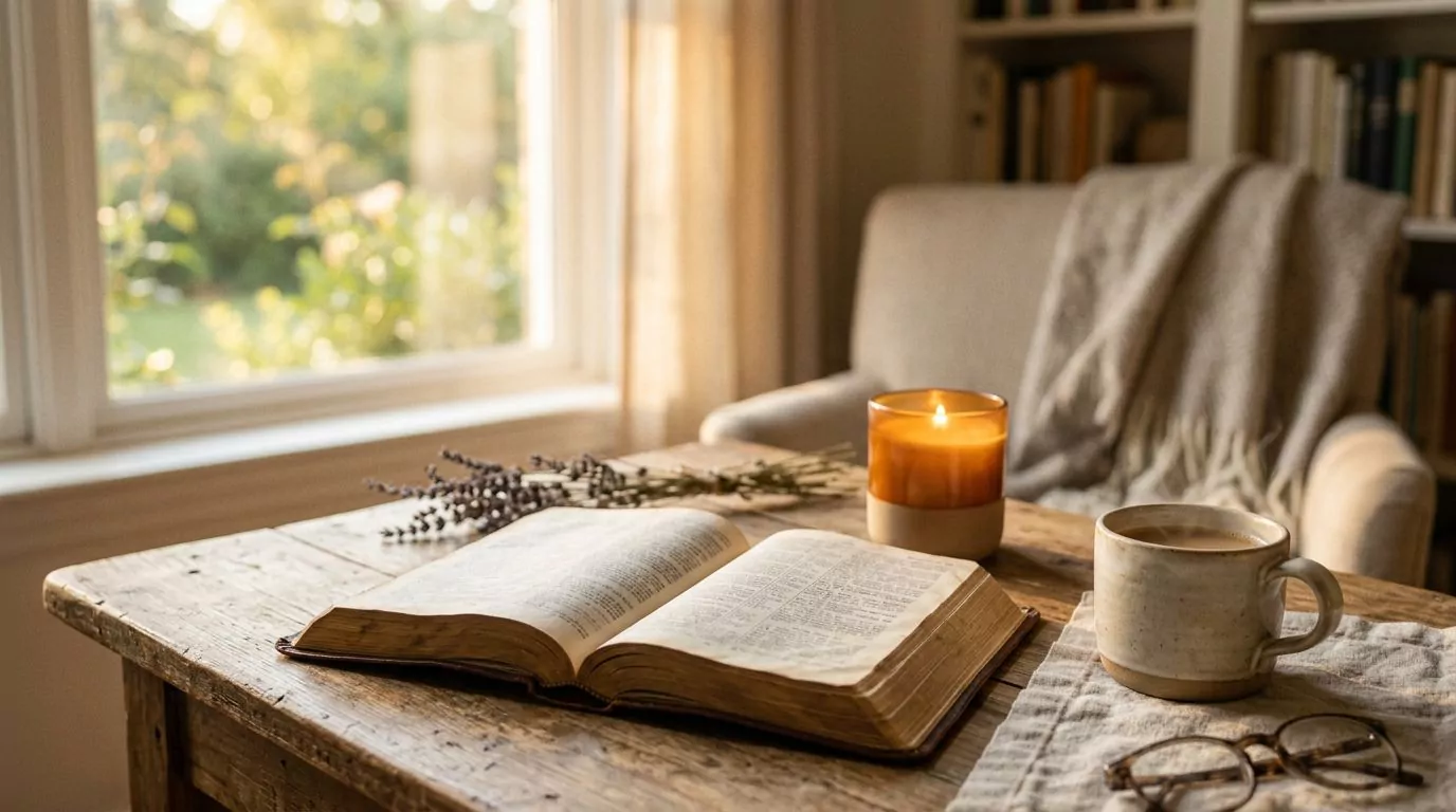 Open Bible with warm lighting for peaceful reading