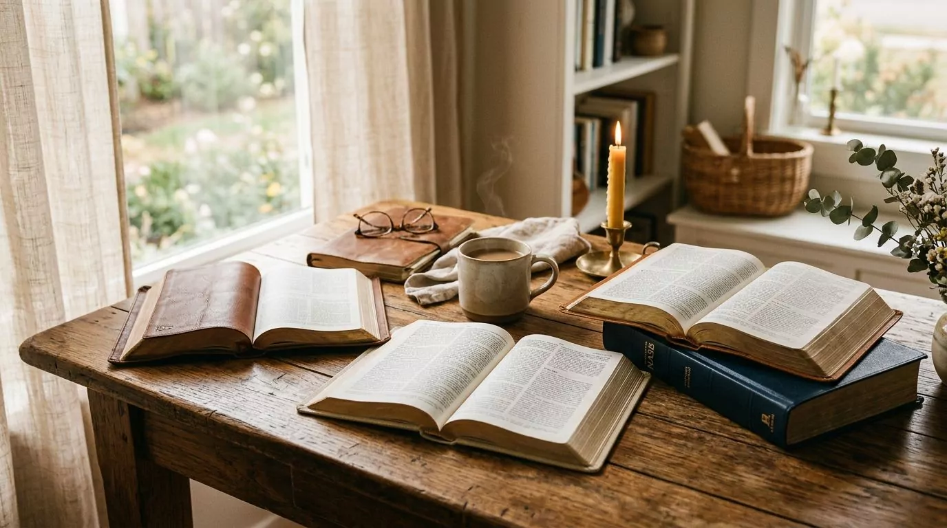Multiple Bible translations laid out on a warm wooden table