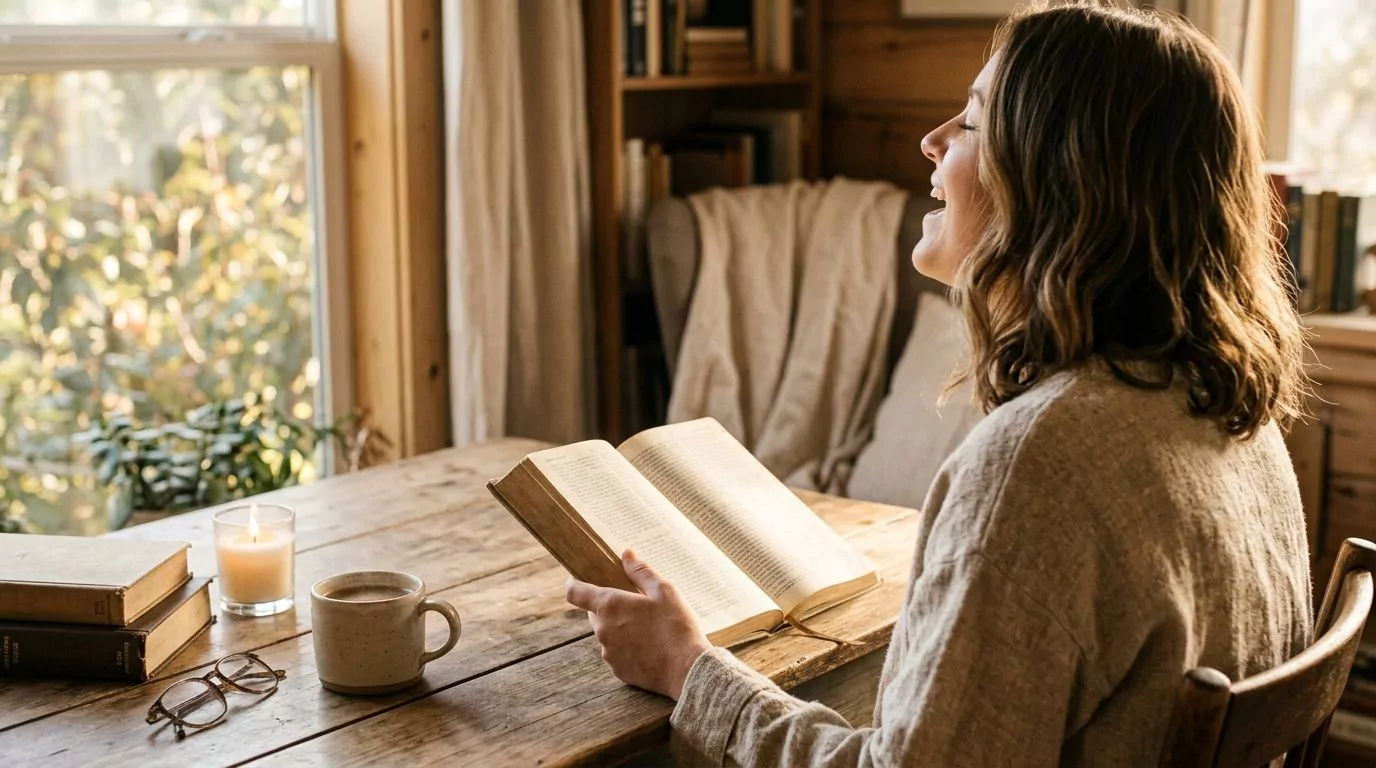 A person singing joyfully with an open Bible