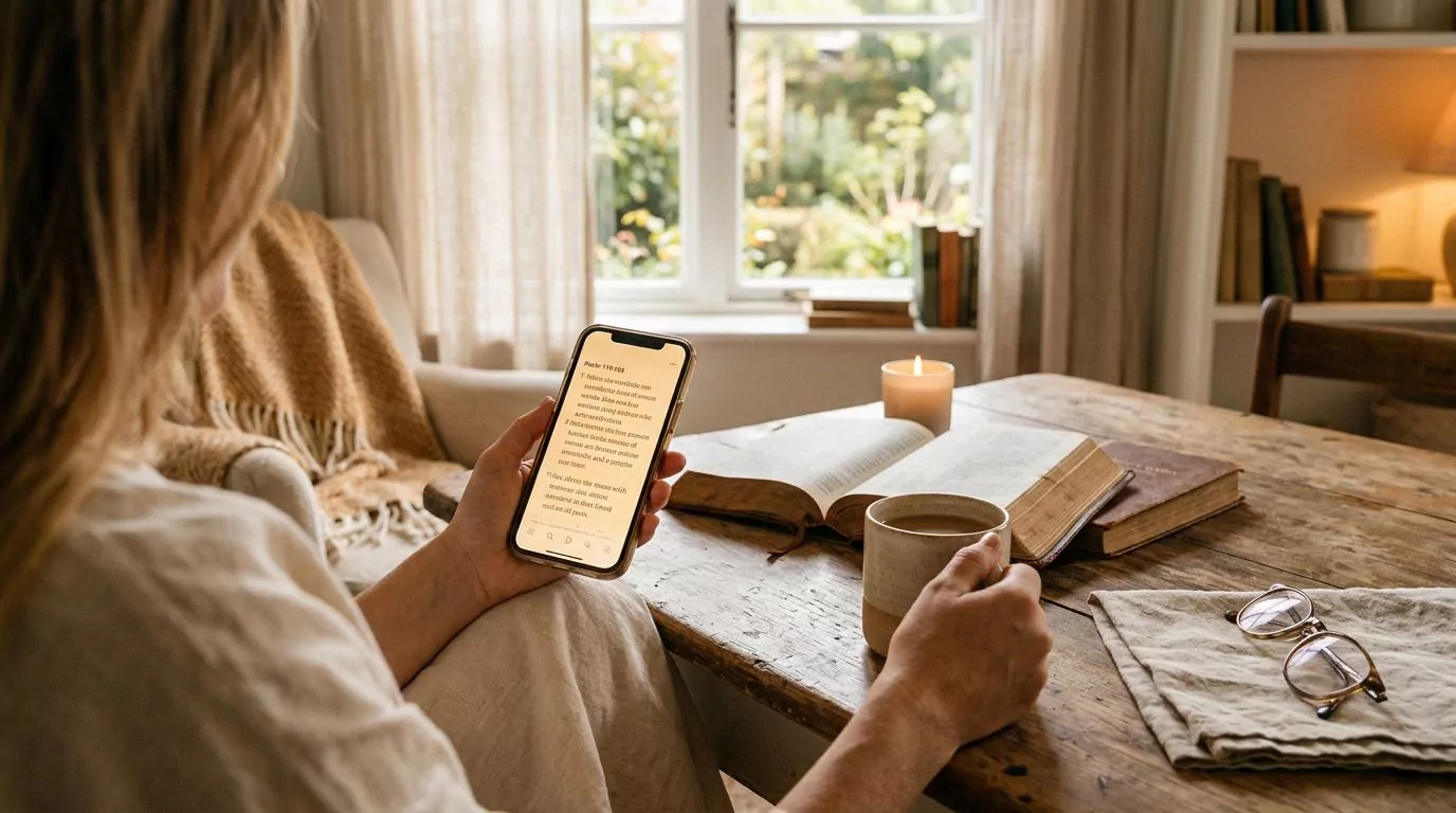 Person reading Bible on smartphone app
