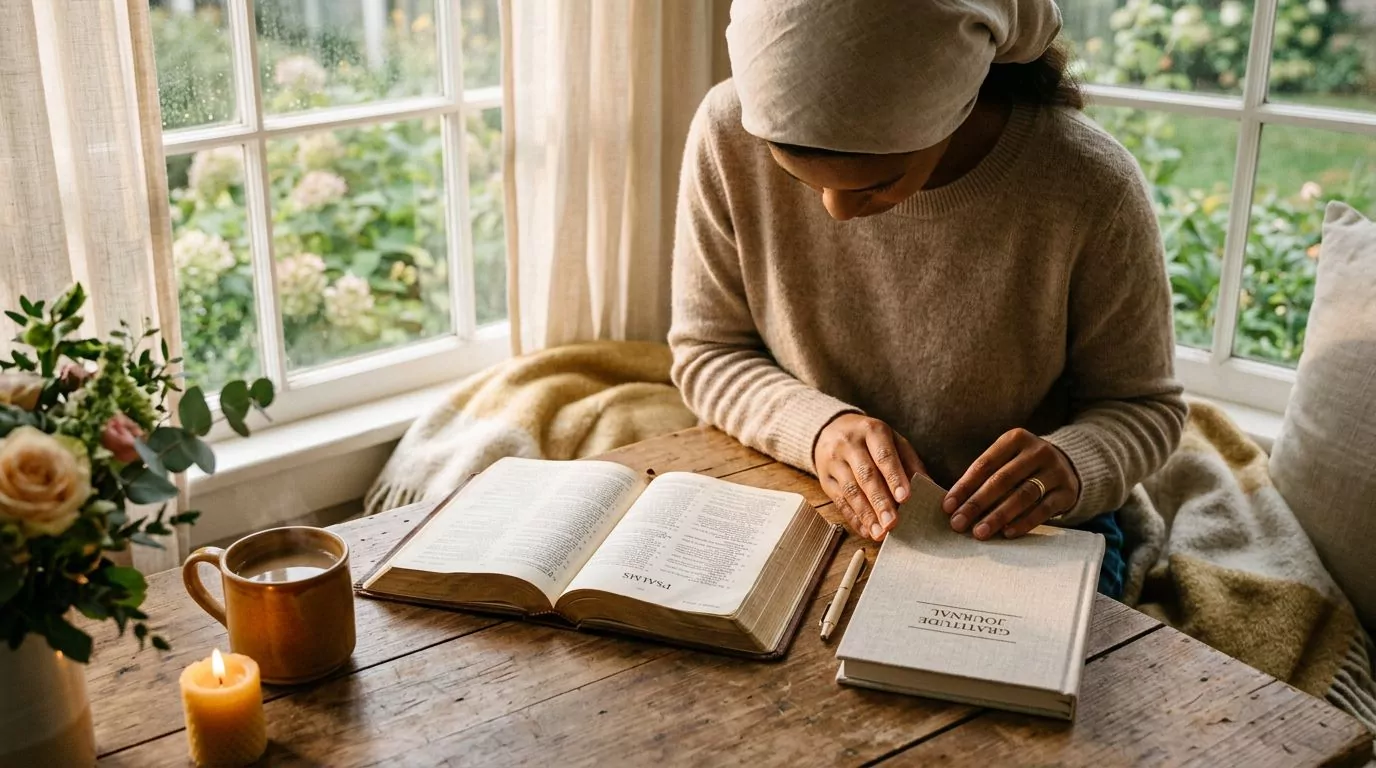 Person reading Bible with gratitude journal in peaceful morning light
