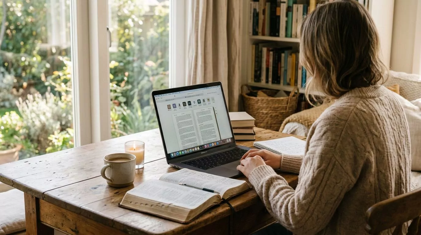 Person studying Bible on computer with multiple tabs open