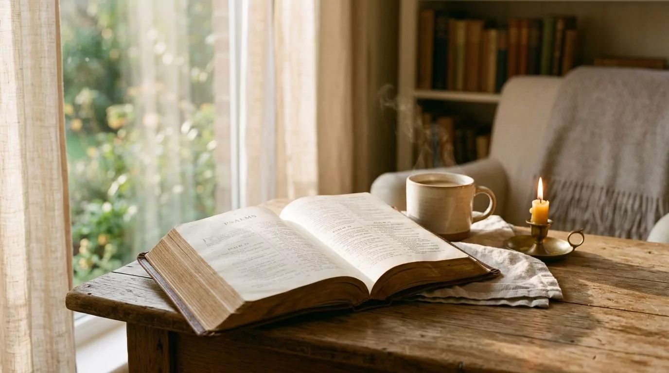 Open Bible to Book of Psalms with morning light