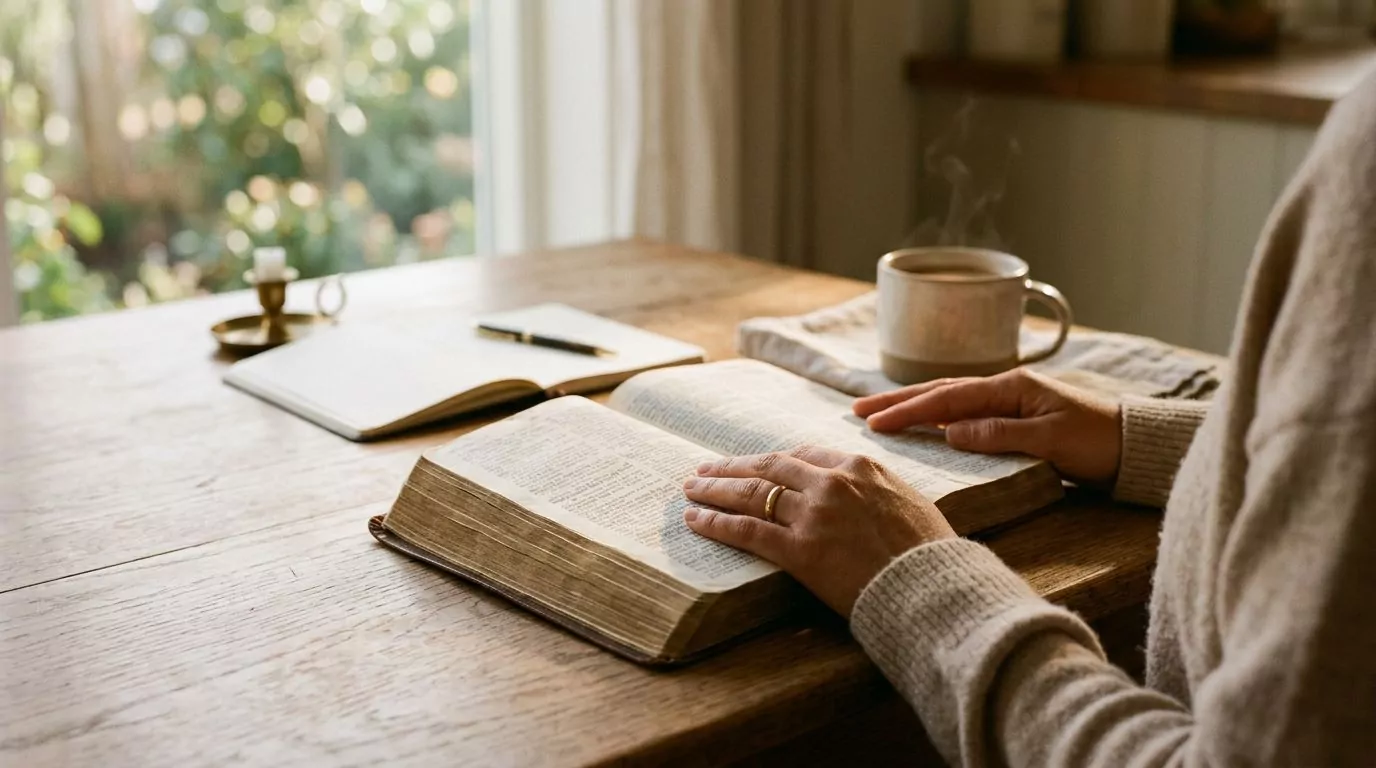 Person holding open Bible in prayer with peaceful morning light, representing praying scripture devotion
