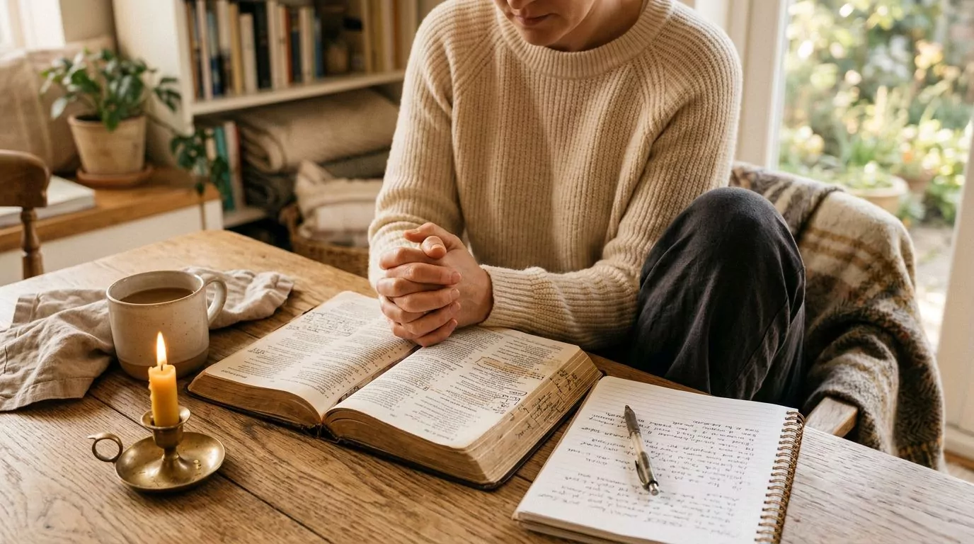 Person praying with open Bible and handwritten notes