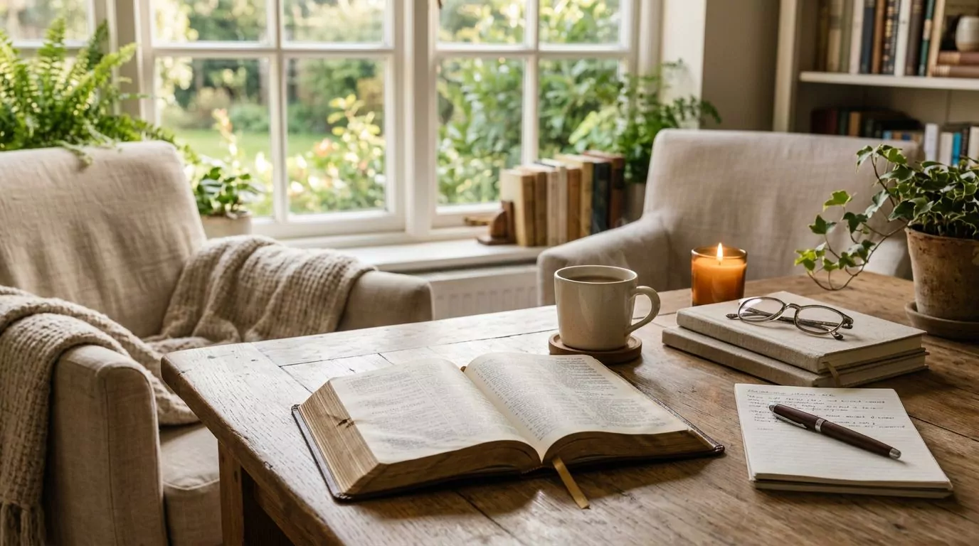 Bible study scene with open Bible and study materials