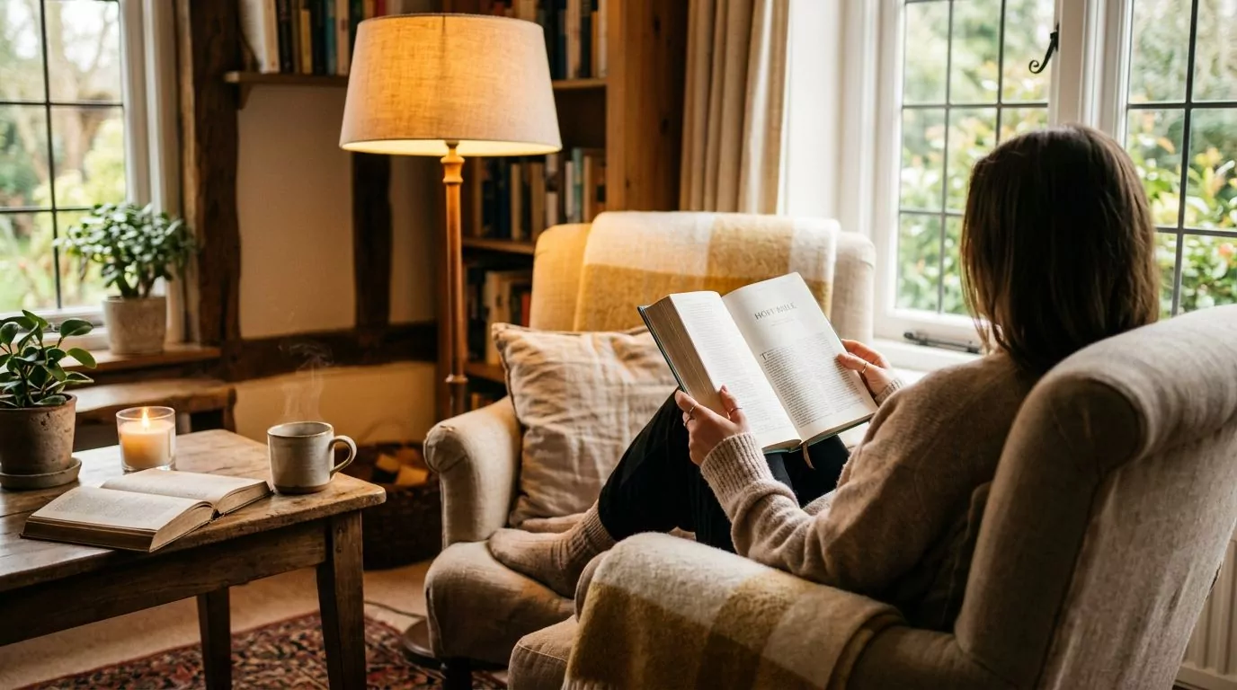 A person reading a modern Bible in a cozy armchair with warm lamp light