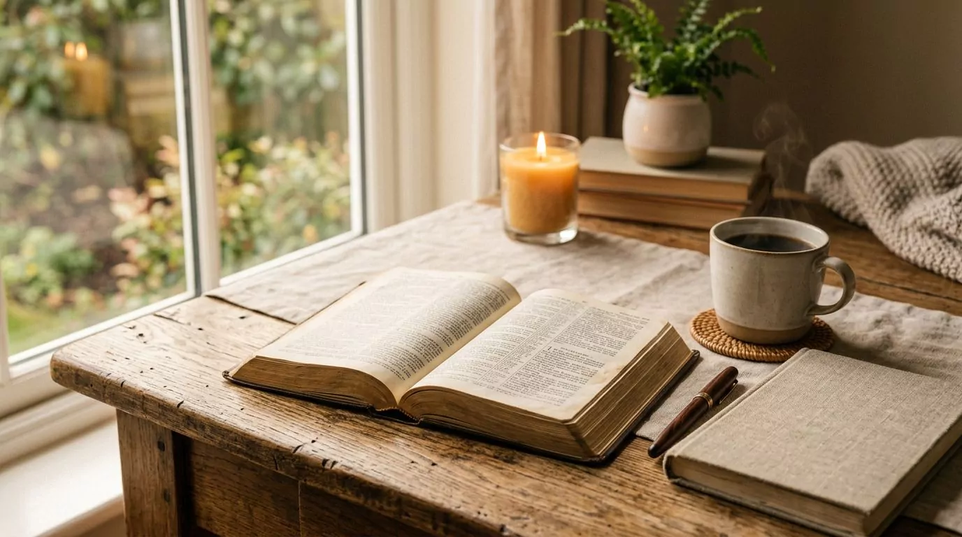 An open Bible on a wooden desk with coffee and a journal nearby