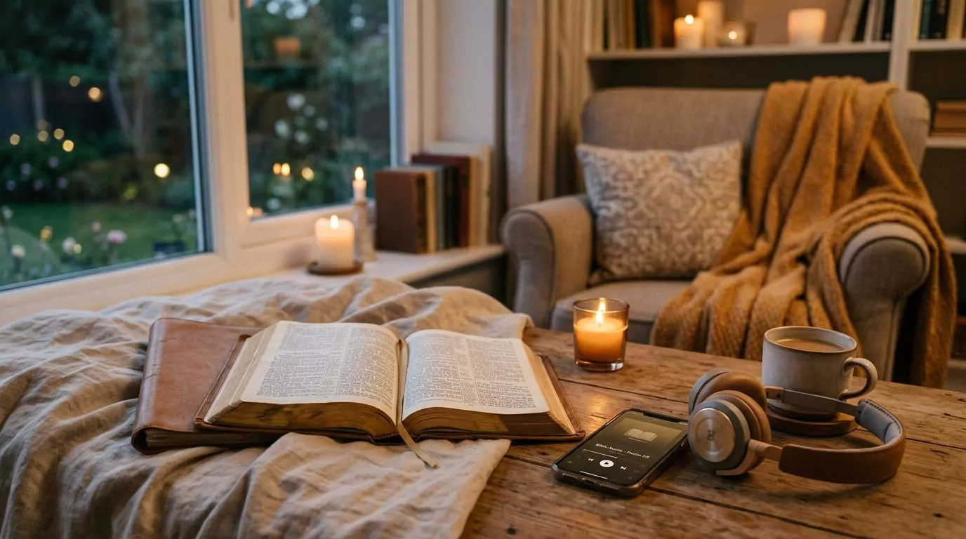 Cozy evening Bible reading and listening setup