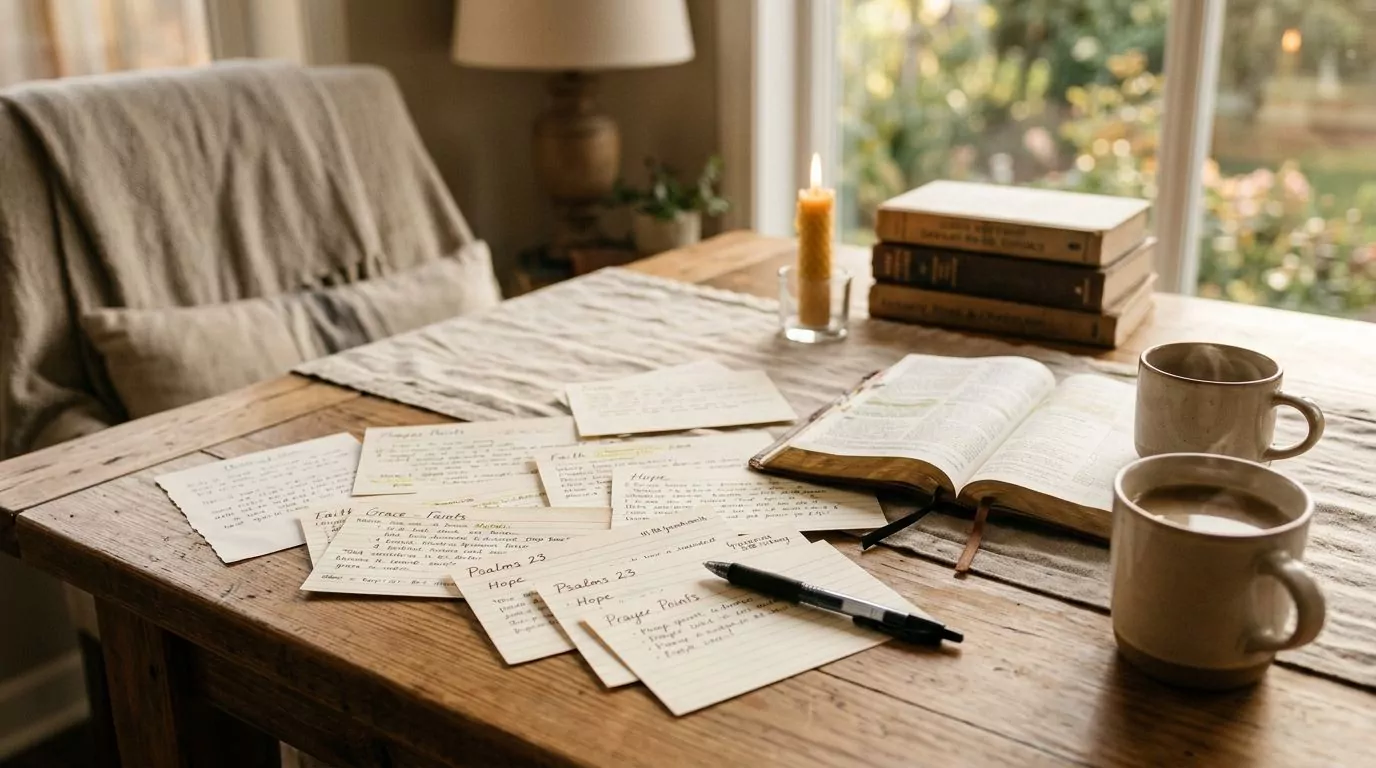 Notes and index cards with Bible topics on a wooden table