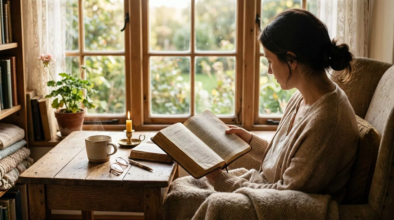 A cozy morning scene with a person reading a Bible by a sunlit window