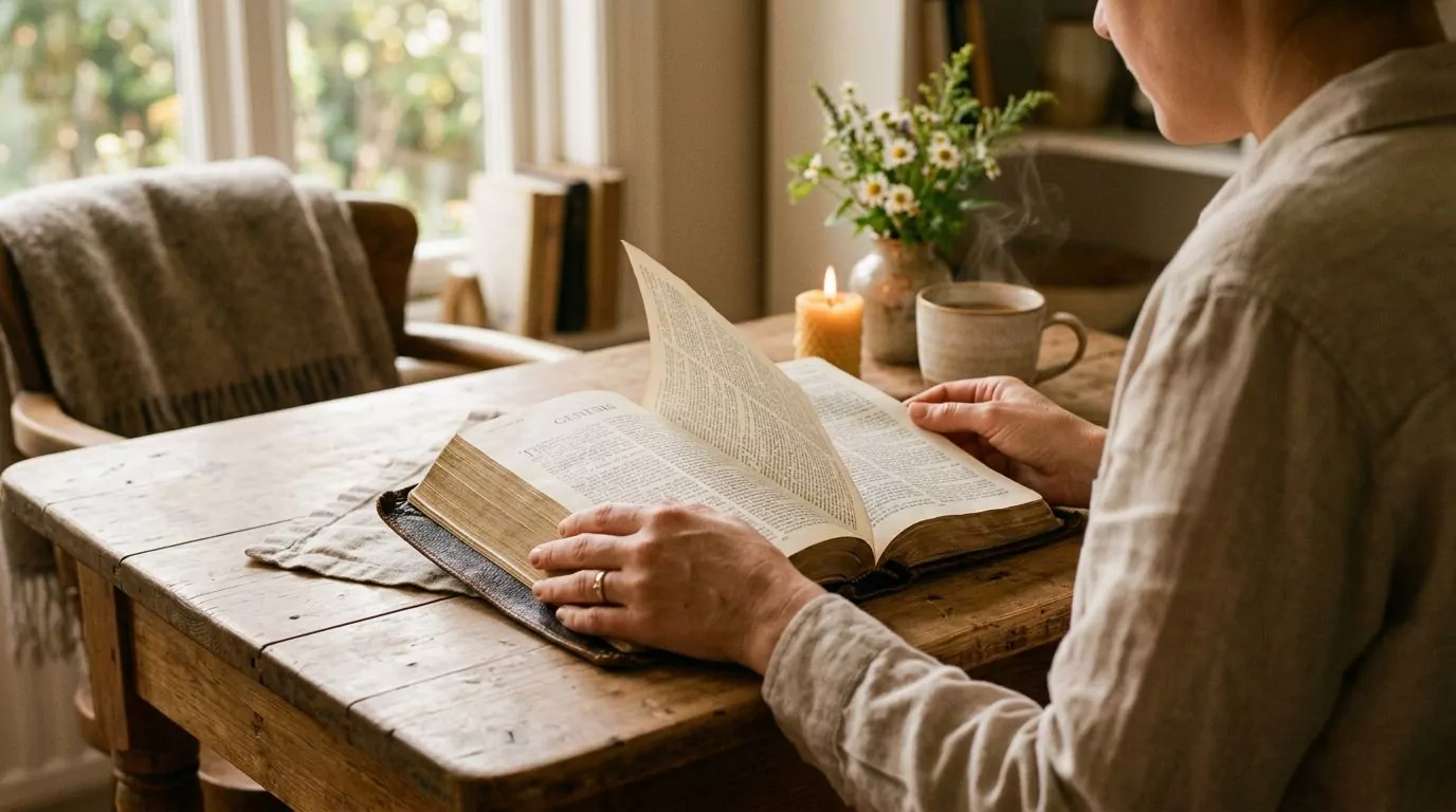 Person opening Bible for first time with gentle morning light representing beginner Bible reading and starting spiritual journey