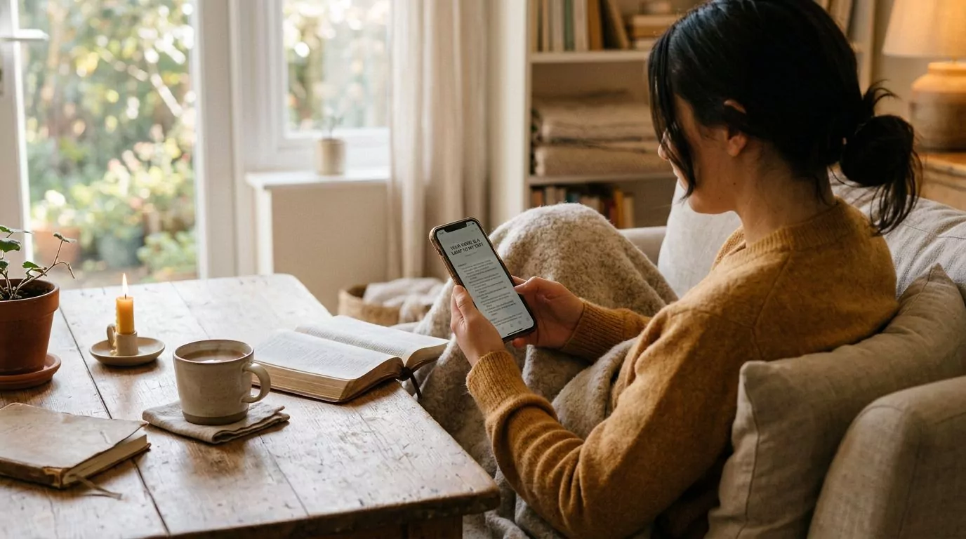 Person reading Bible on smartphone in warm, cozy setting