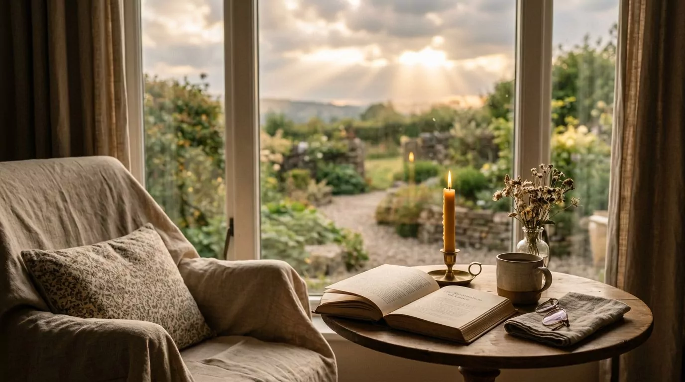 Peaceful nature scene with sunlight breaking through clouds, representing God's healing power and restoration