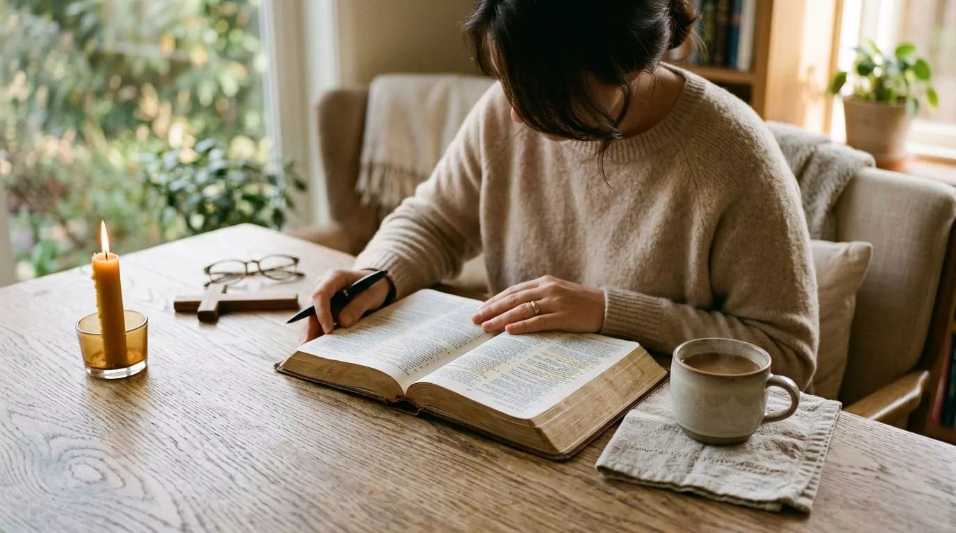 Person reading Bible in quiet morning devotion time with peaceful Lenten atmosphere
