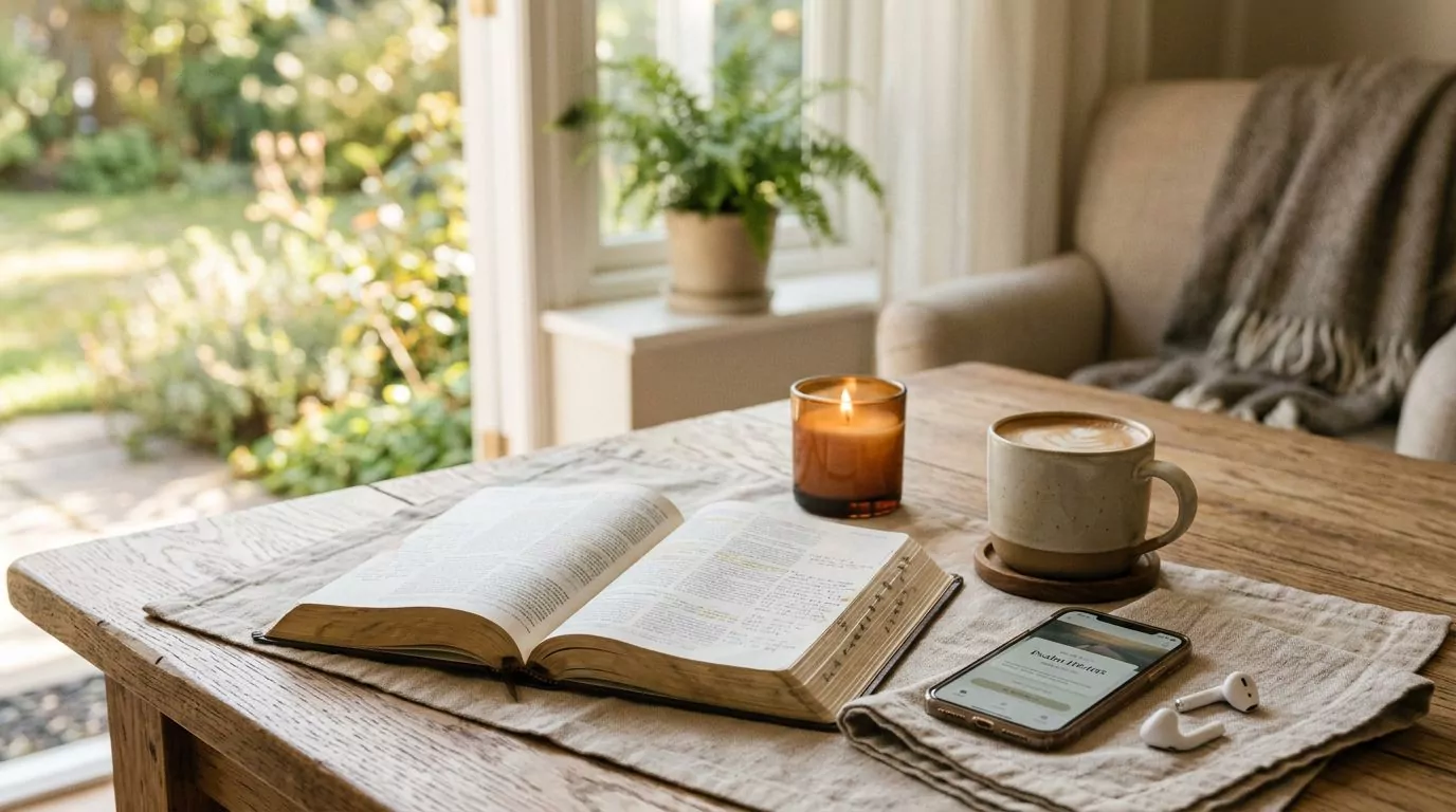 Bible study setup with book, phone, and earbuds