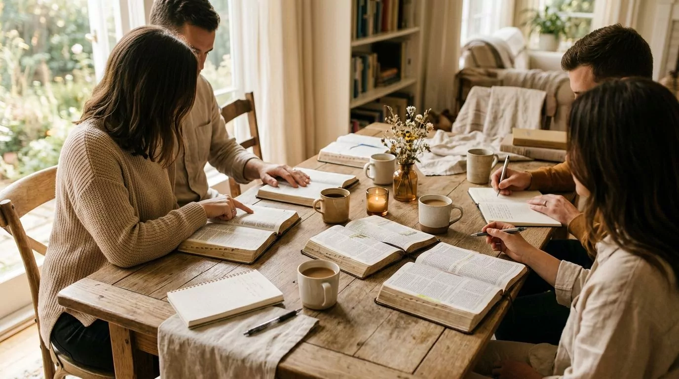 A welcoming Bible study group with open Bibles