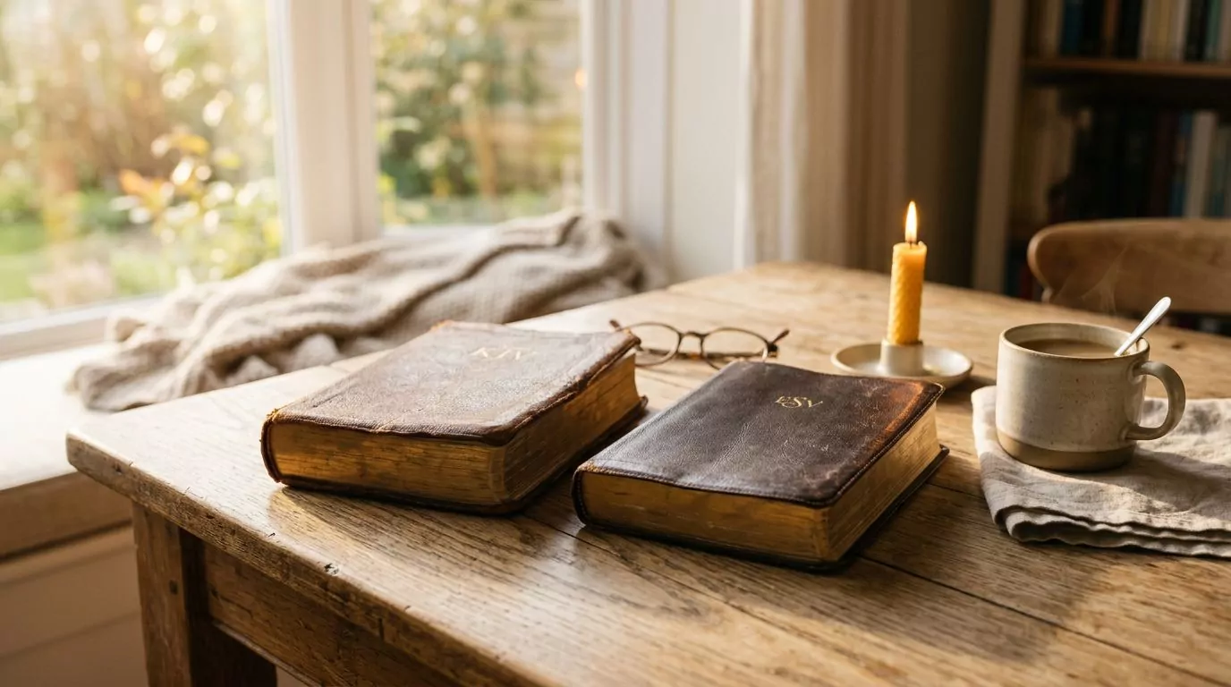 Two Bibles side by side on a wooden table in warm morning light