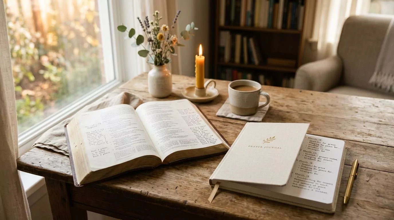 Prayer journal next to open Bible with prayer notes, showing scripture meditation setup in peaceful study space