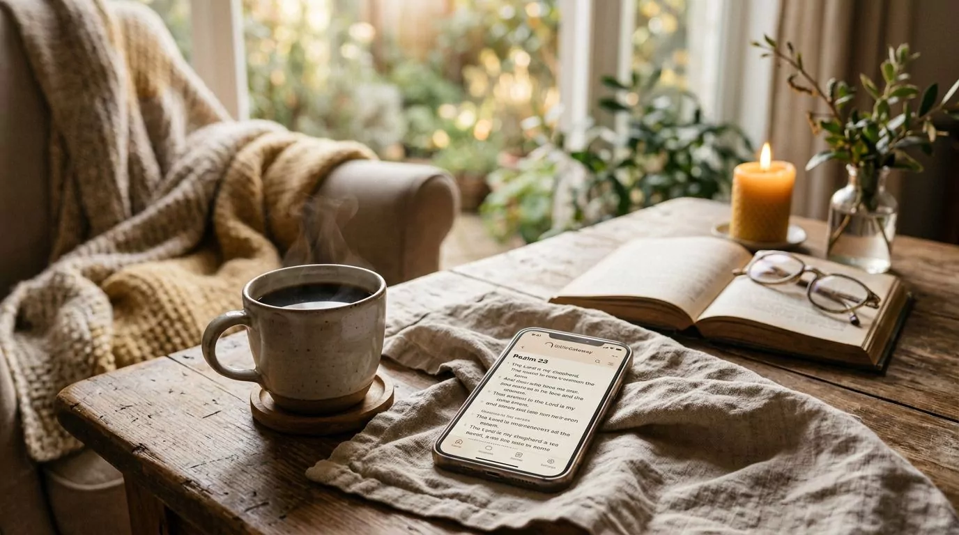 Bible Gateway app on smartphone with morning coffee