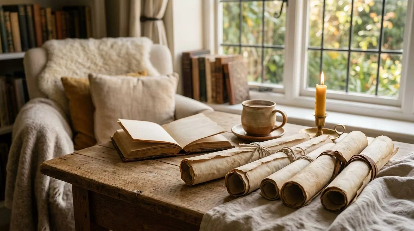 Artistic arrangement of ancient scrolls representing Old Testament writings